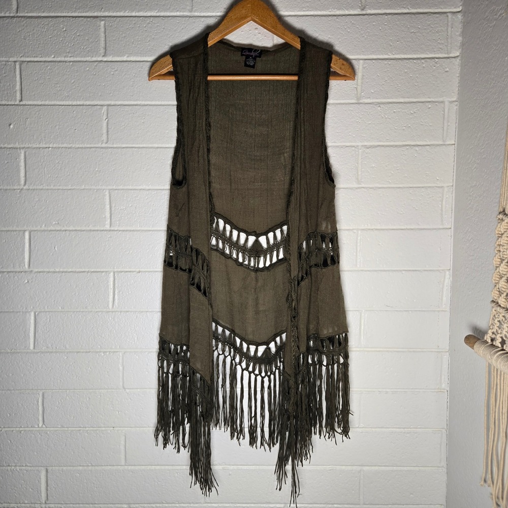 Vtg Questions Crochet Fringe Vest XL Olive Boho Gauze Layering Tassel Maximalist